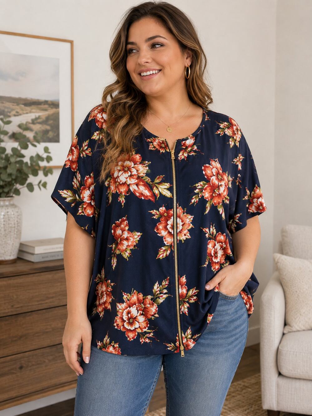 Living Doll Navy Floral Zip Front Blouse Size 1X Boho Lightweight